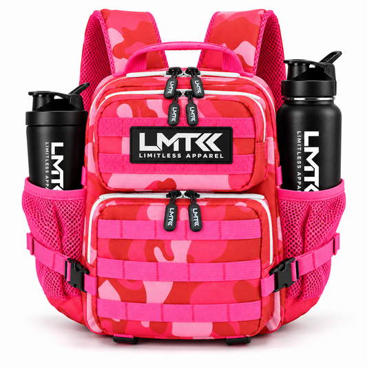 9L BACKPACK - RED CAMO front view with LMT shaker and drink bottle