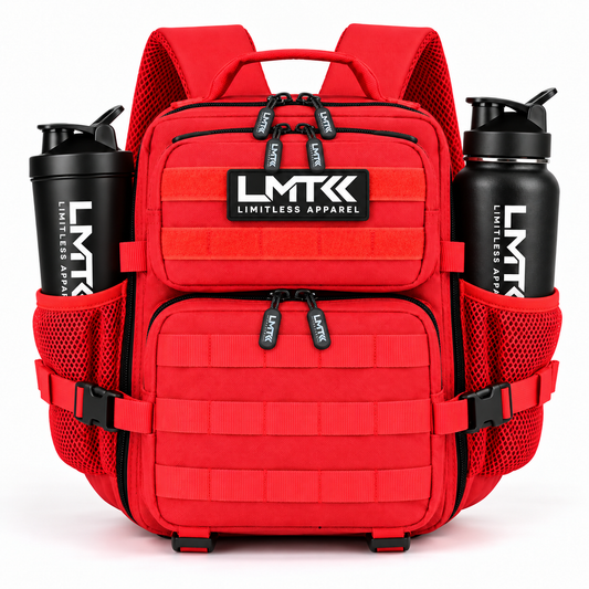 9L BACKPACK - RED front view with LMT shaker and drink bottle