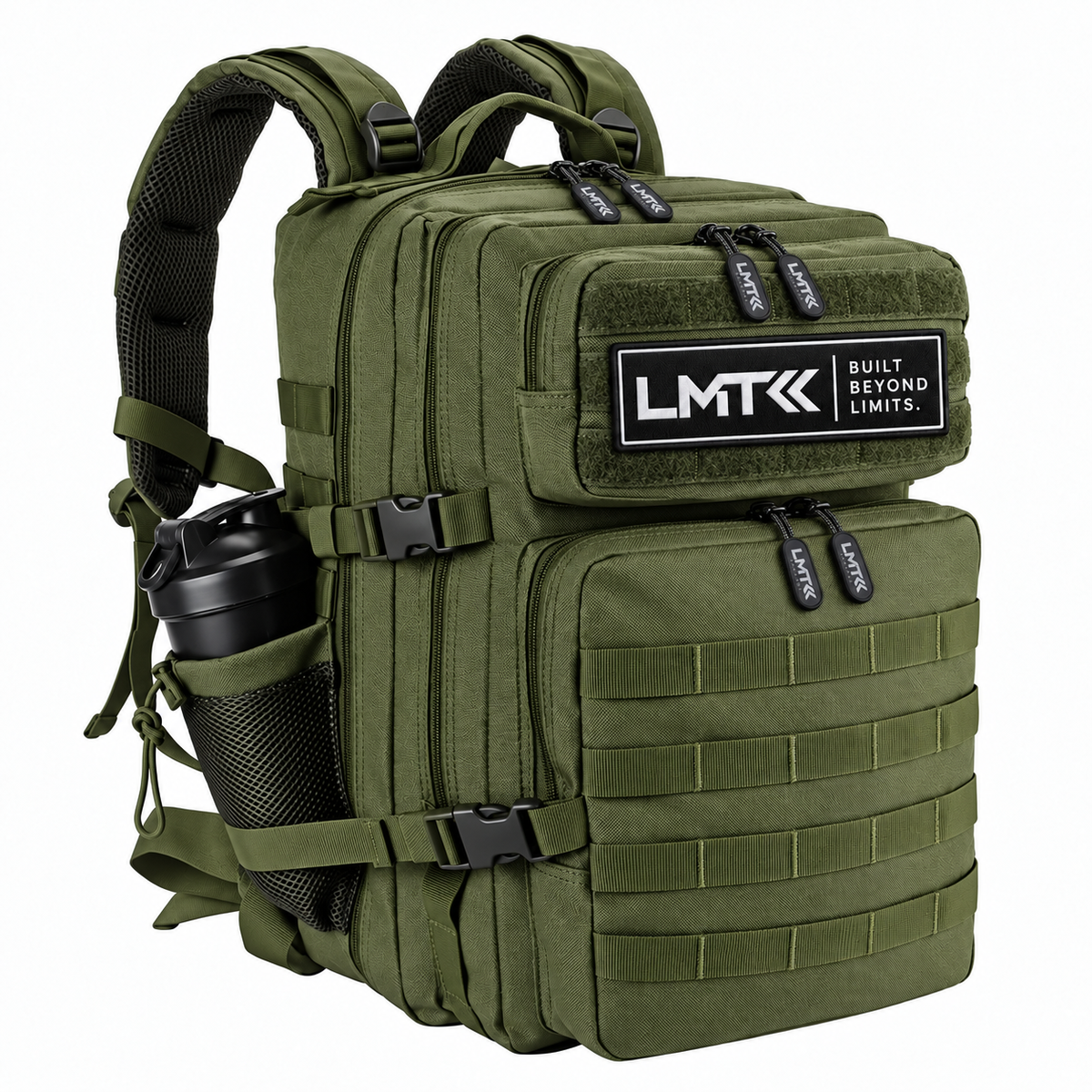 LMT Built Beyond Limits olive green tactical backpack with shaker bottle holder