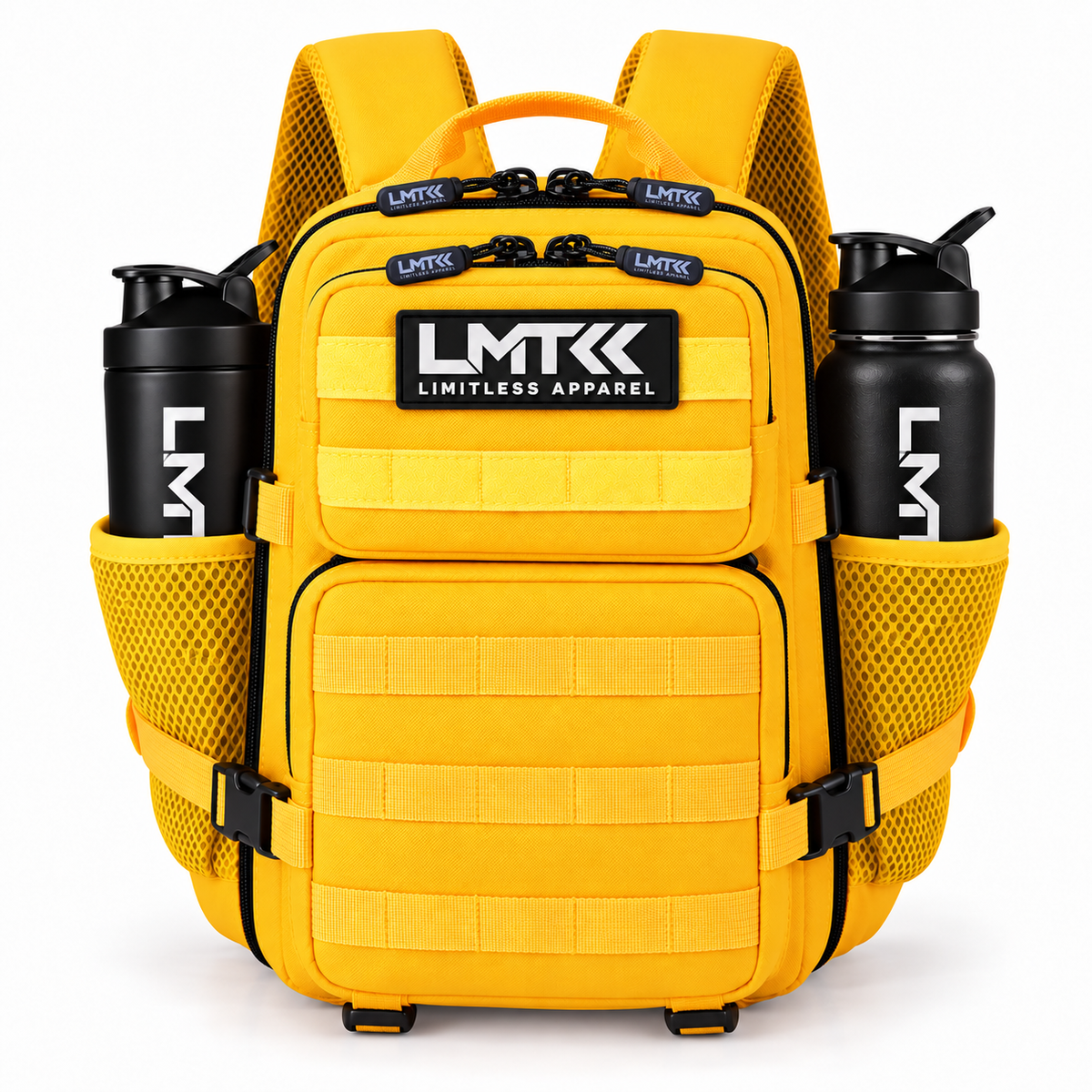 9L BACKPACK - YELLOW front view with LMT shaker and drink bottle