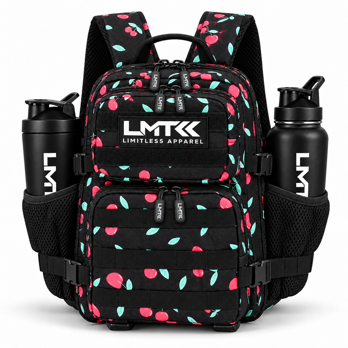 9L BACKPACK - BLACK CHERRY front view with LMT shaker and drink bottle