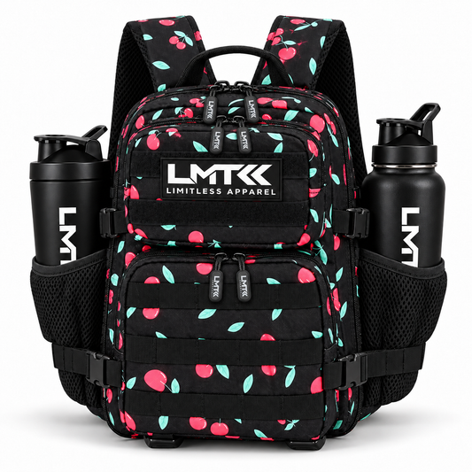 9L BACKPACK - BLACK CHERRY front view with LMT shaker and drink bottle