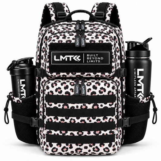 25L BACKPACK - LEOPARD front view with LMT shaker and drink bottle