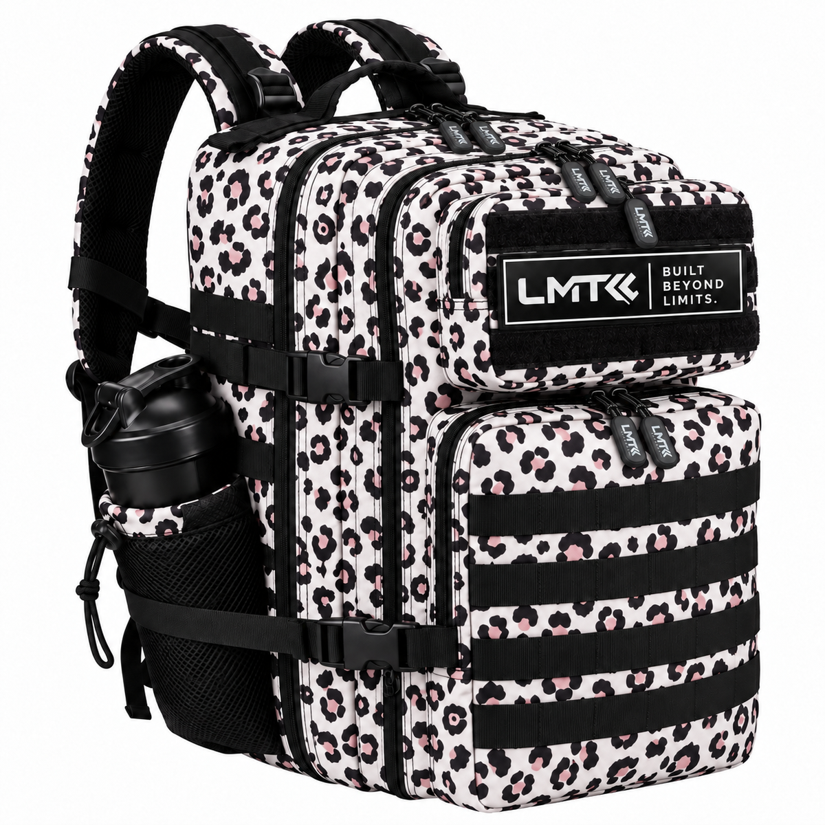 LMT Built Beyond Limits leopard print tactical backpack with shaker bottle holder