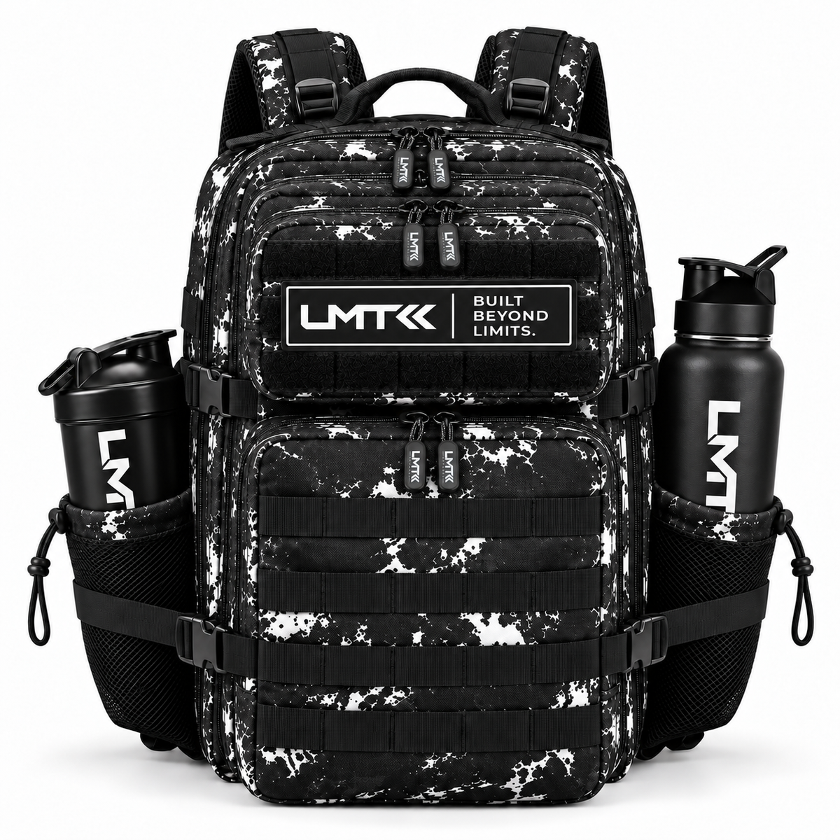35L BACKPACK - BLACK + WHITE TIE DIE front view with LMT shaker and drink bottle
