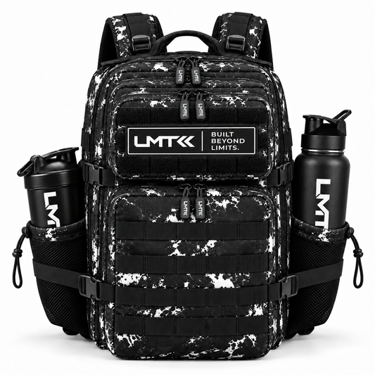 35L BACKPACK - BLACK + WHITE TIE DIE front view with LMT shaker and drink bottle