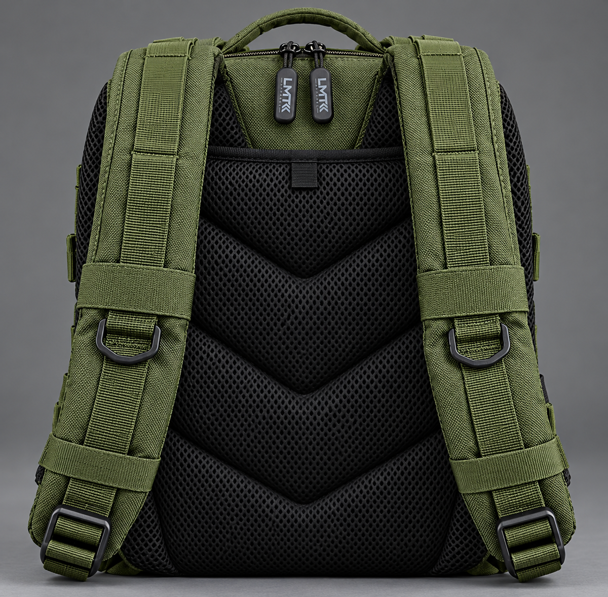 army green backpack – shoulder strap with black fitting detail
