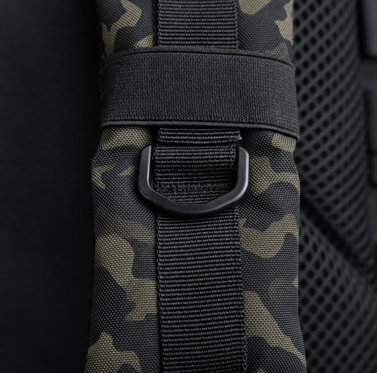 black camo backpack – shoulder strap with black fitting detail