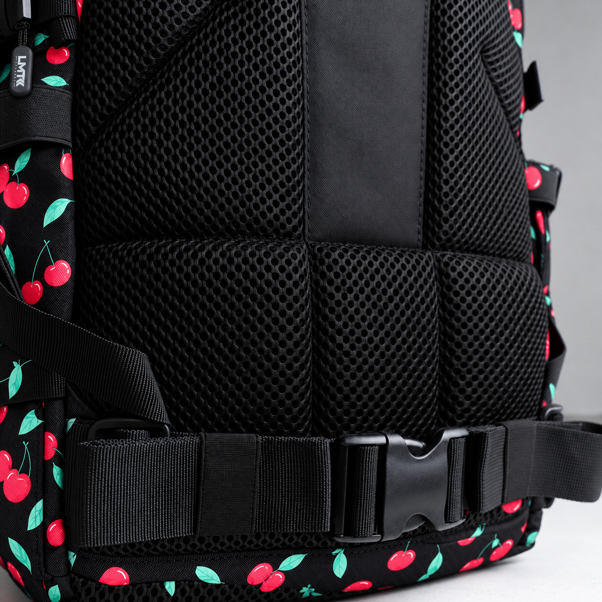 black cherry backpack – rear waist strap and black mesh detail