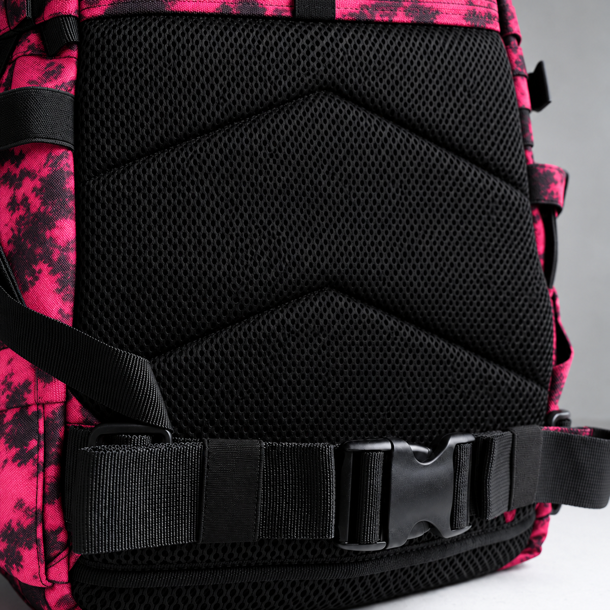 black pink tie dye backpack – rear waist strap and black mesh detail