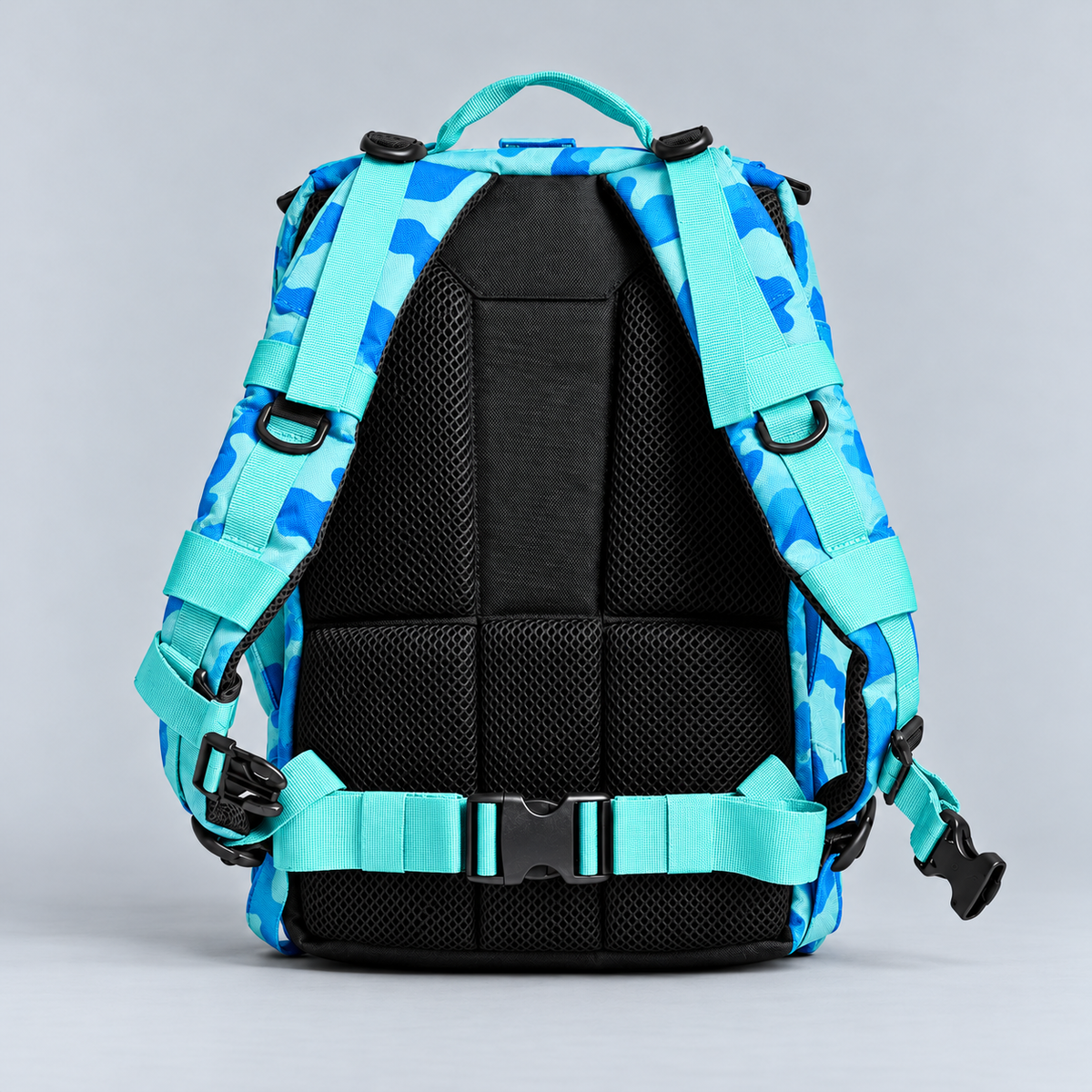 blue camo backpack – full rear view
