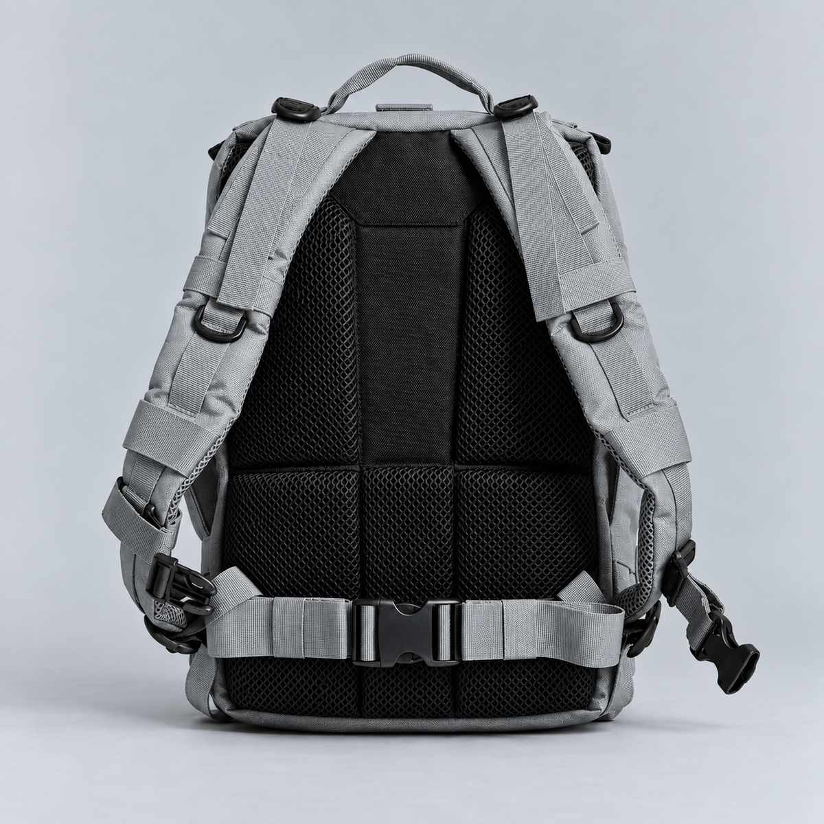 grey backpack – full rear view