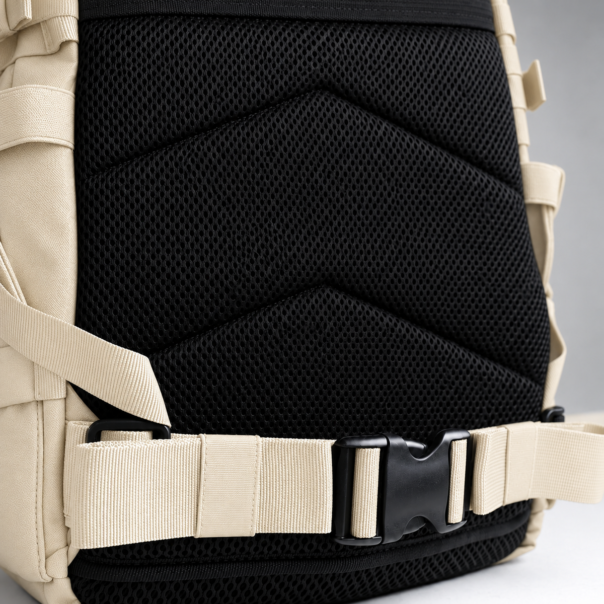 off white backpack – rear waist strap and black mesh detail