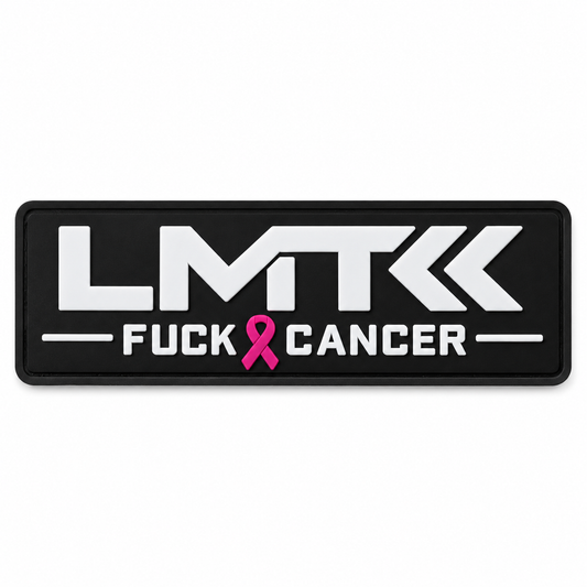 LMT Fuck Cancer black PVC bag tag with white logo and pink awareness ribbon