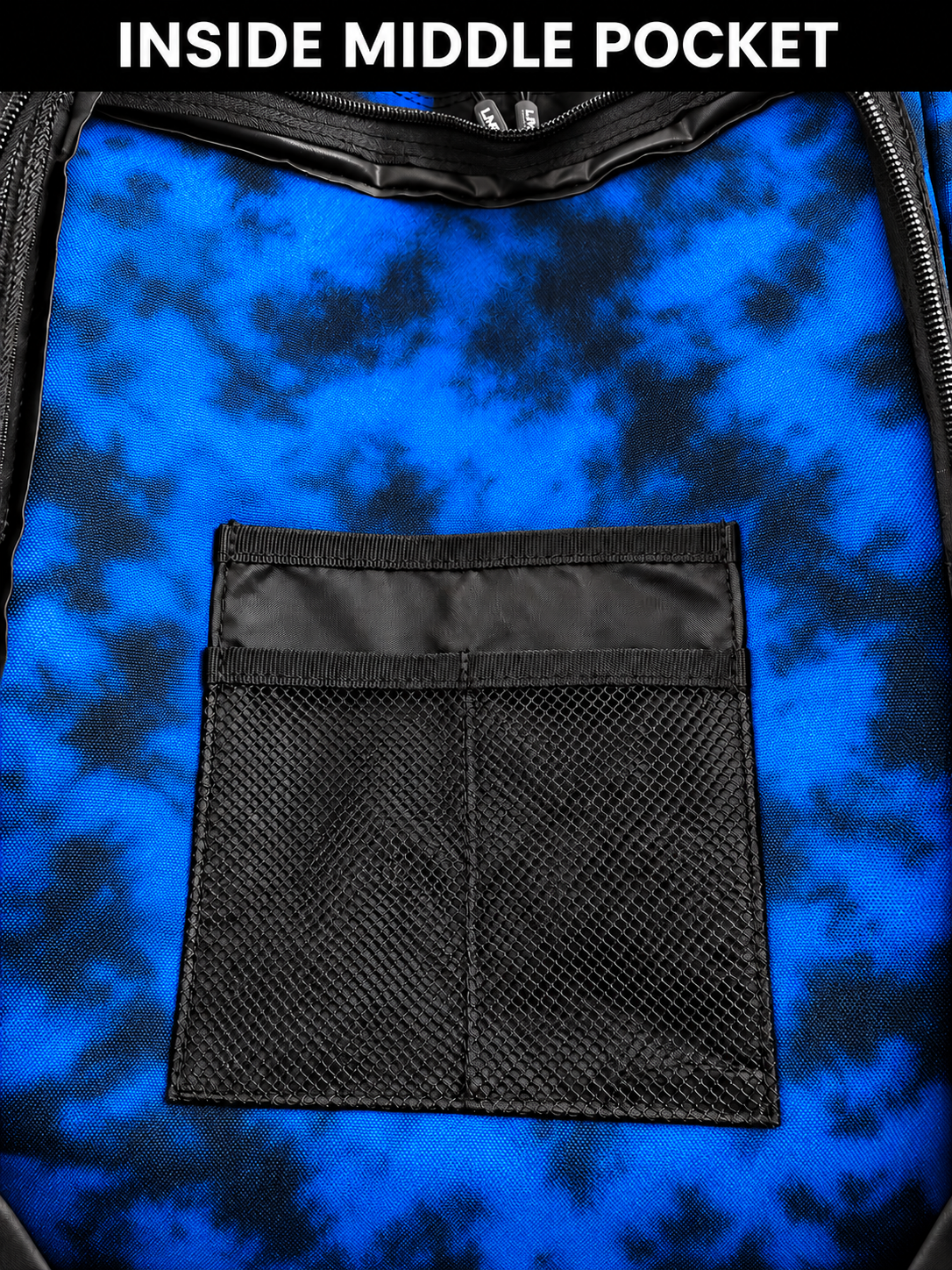Inside middle pocket of blue tie dye backpack