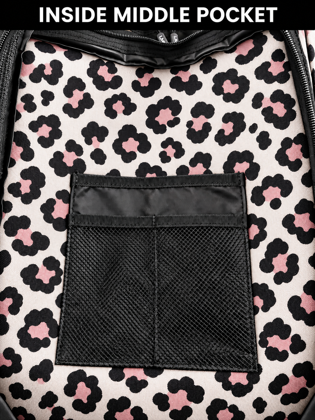 Inside middle pocket of leopard backpack