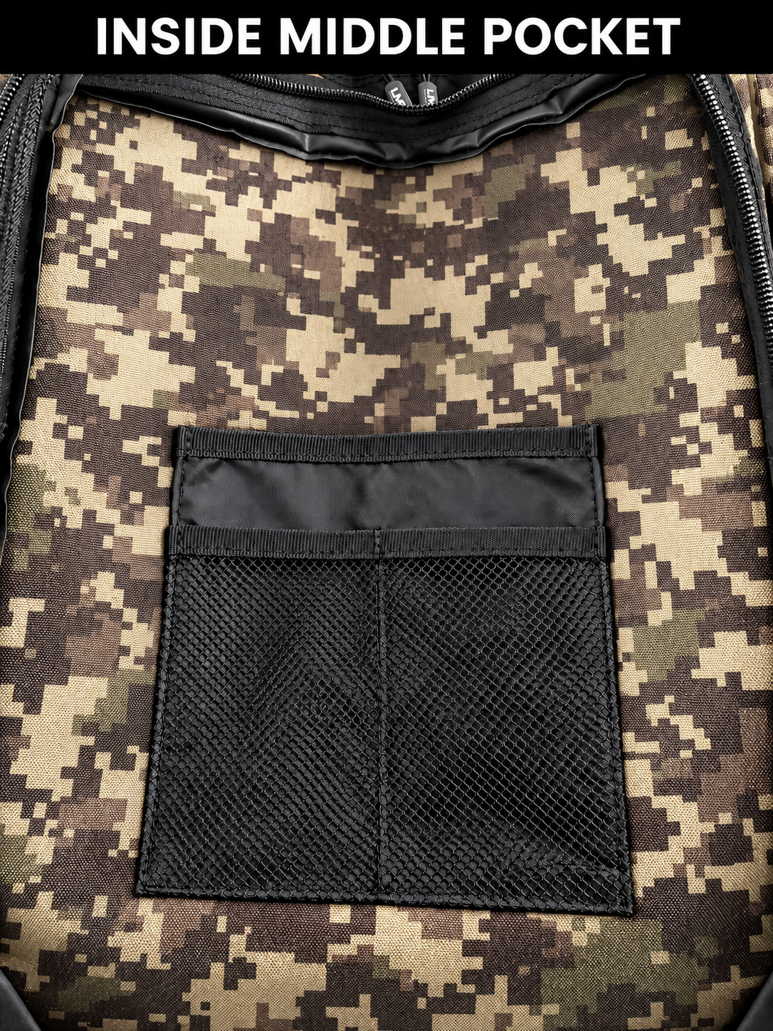 Inside middle pocket of pixel camo backpack