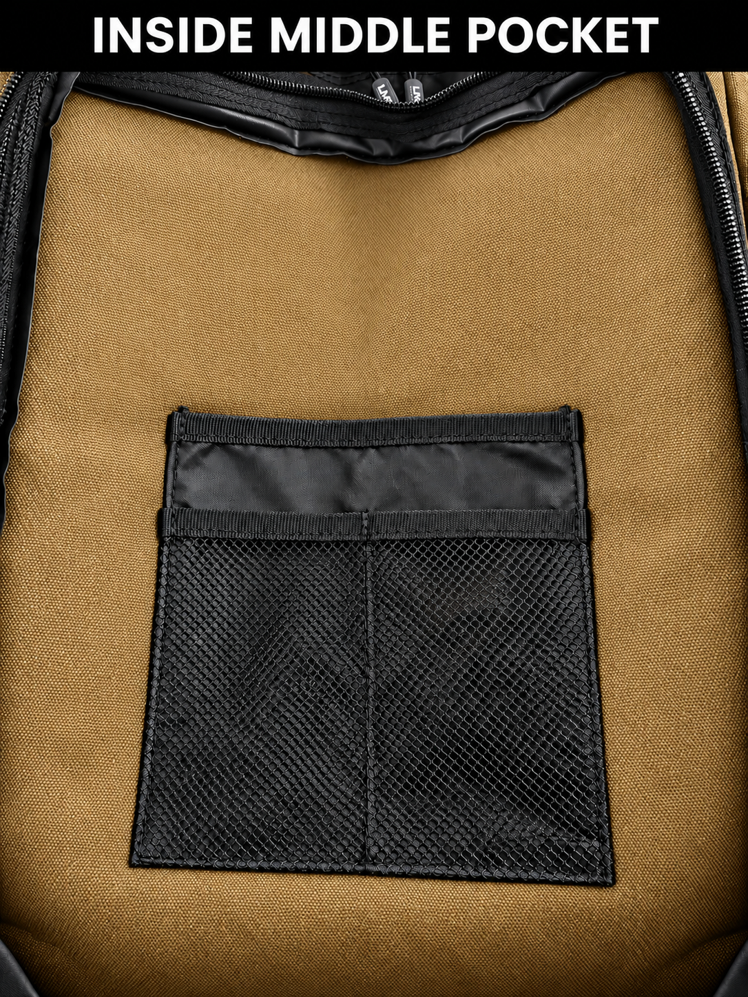 Inside middle pocket of tan backpack