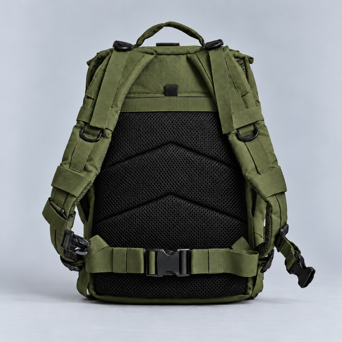 army green backpack – full rear view with rear storage pocket