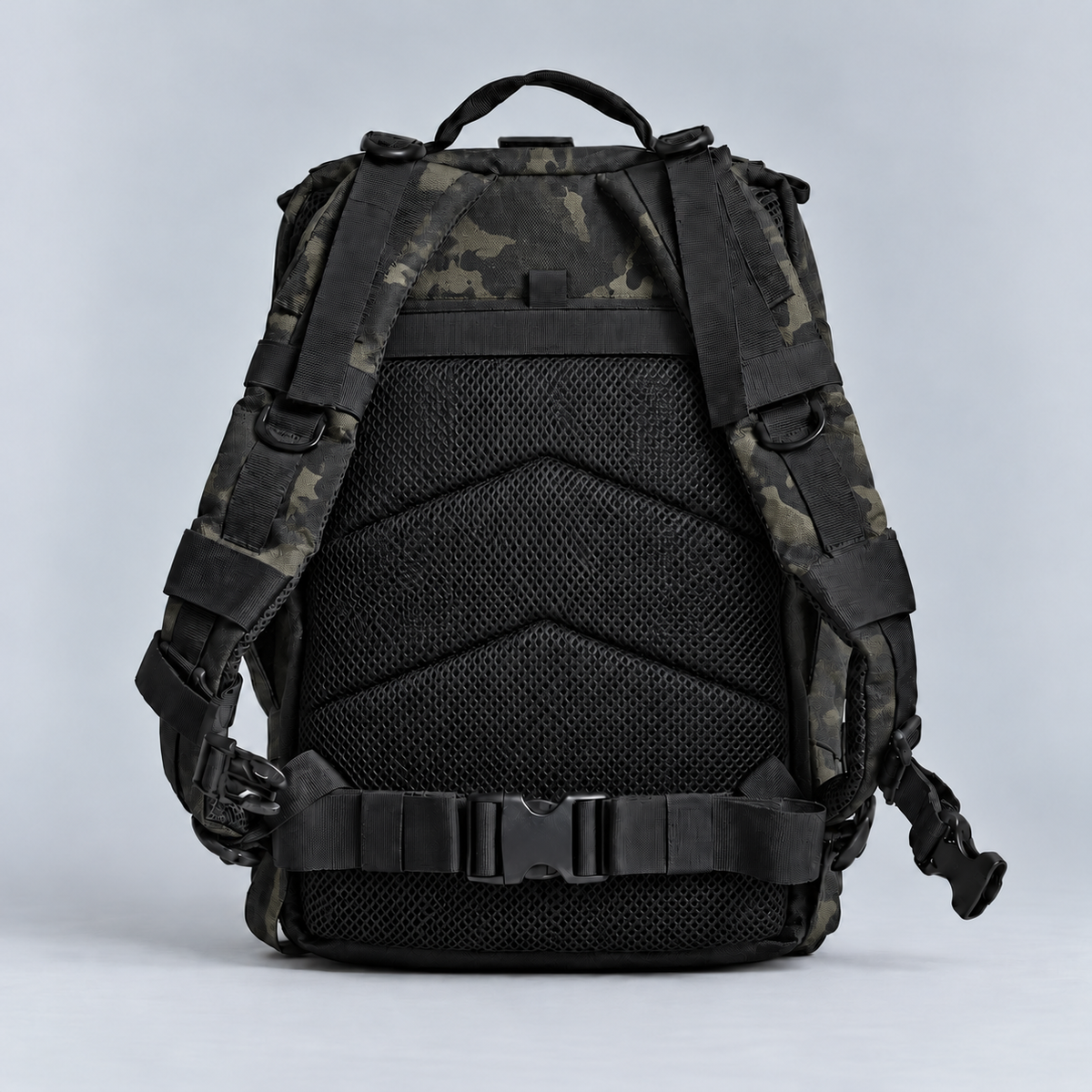black camo backpack – full rear view with rear storage pocket