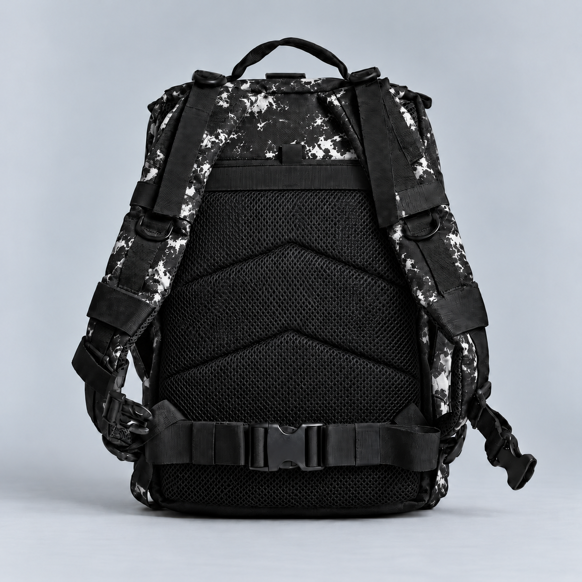 black white tie dye backpack – full rear view with rear storage pocket