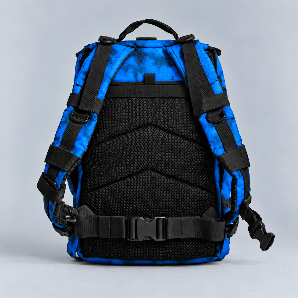 blue tie dye backpack – full rear view with rear storage pocket