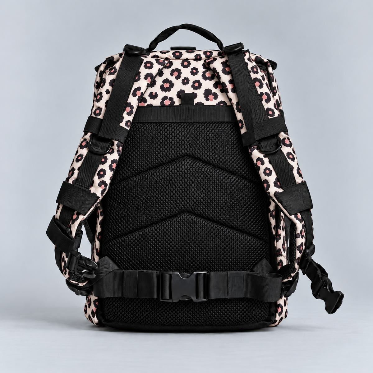 leopard backpack – full rear view with rear storage pocket
