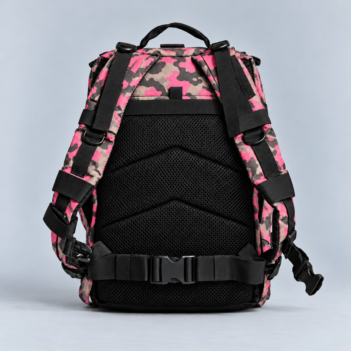 pink camo backpack – full rear view with rear storage pocket
