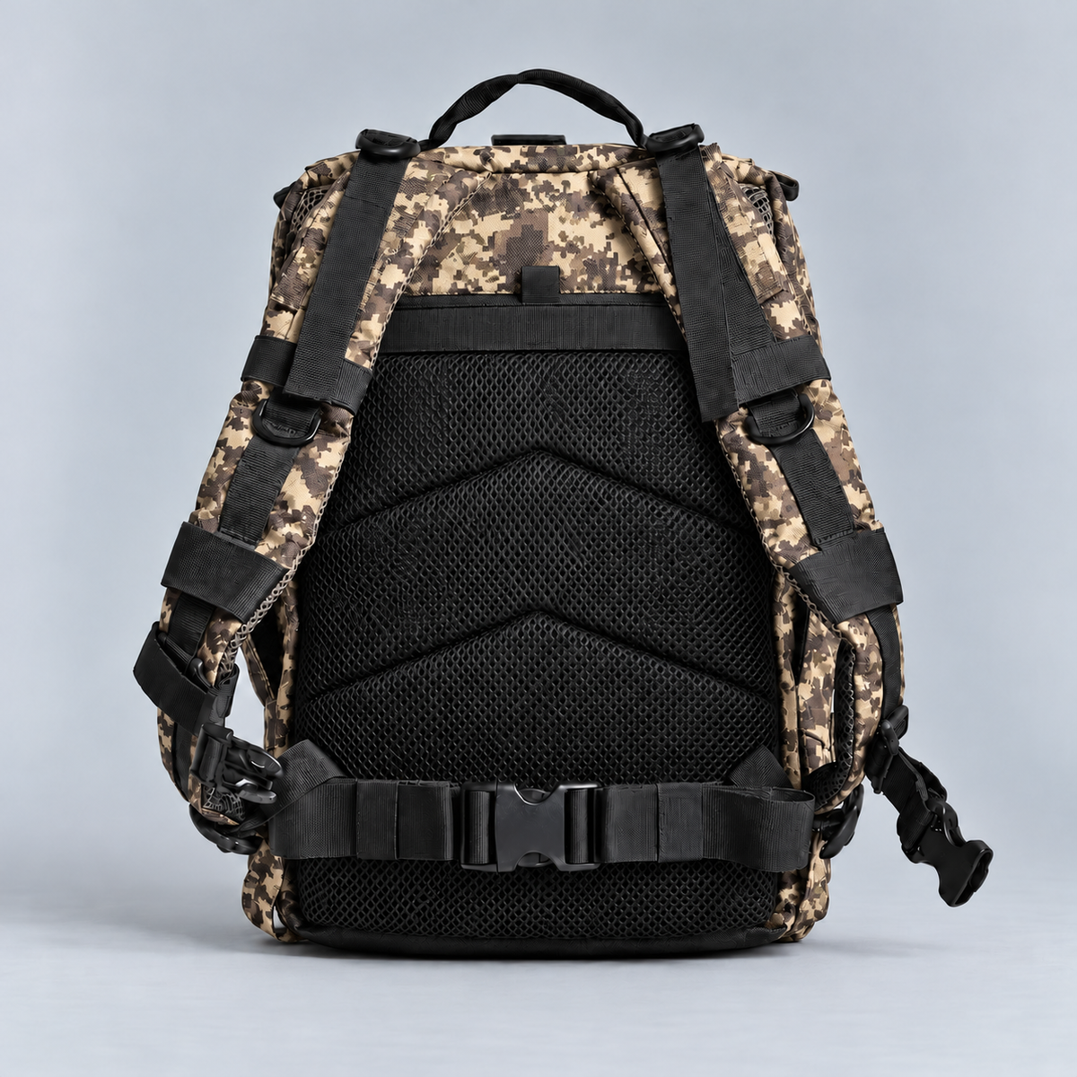 pixel camo backpack – full rear view with rear storage pocket