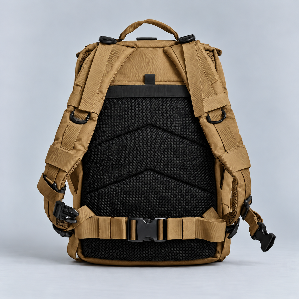 tan backpack – full rear view with rear storage pocket