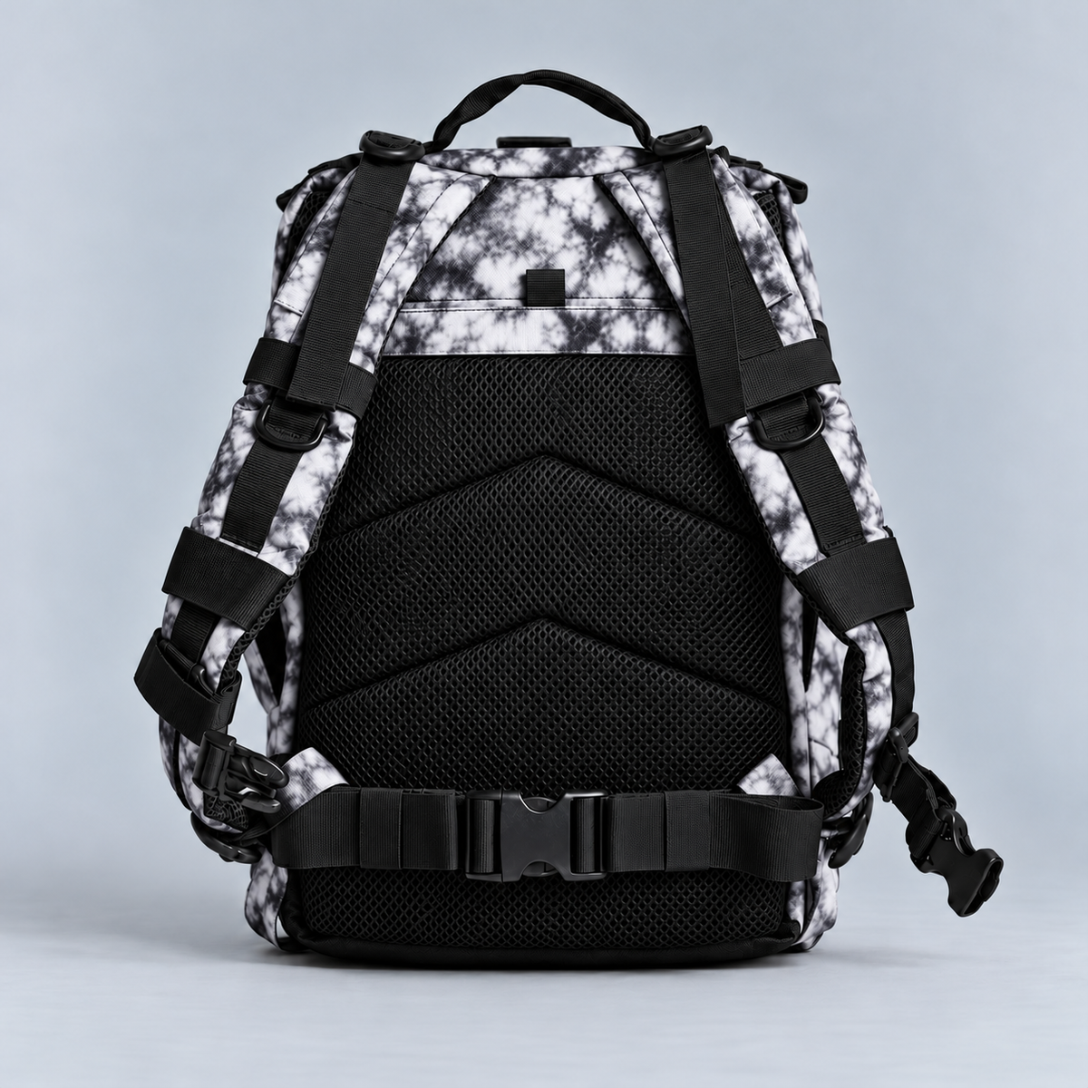 white tie dye backpack – full rear view with rear storage pocket