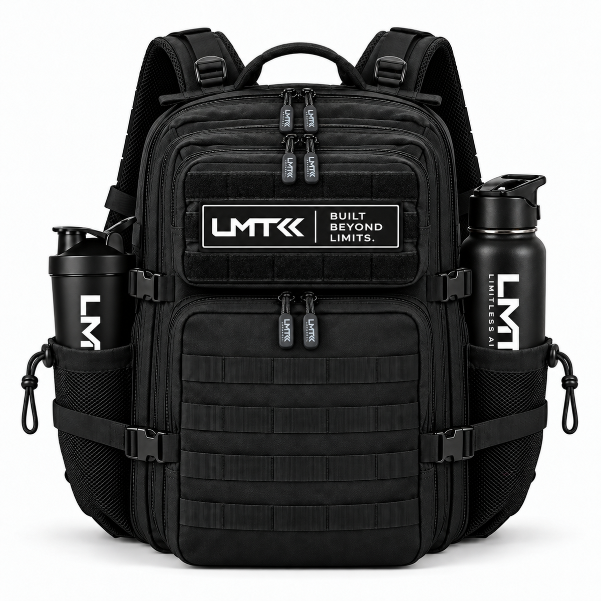 25L Black backpack front view with LMT shaker and drink bottle