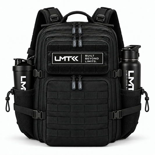 25L Black backpack front view with LMT shaker and drink bottle