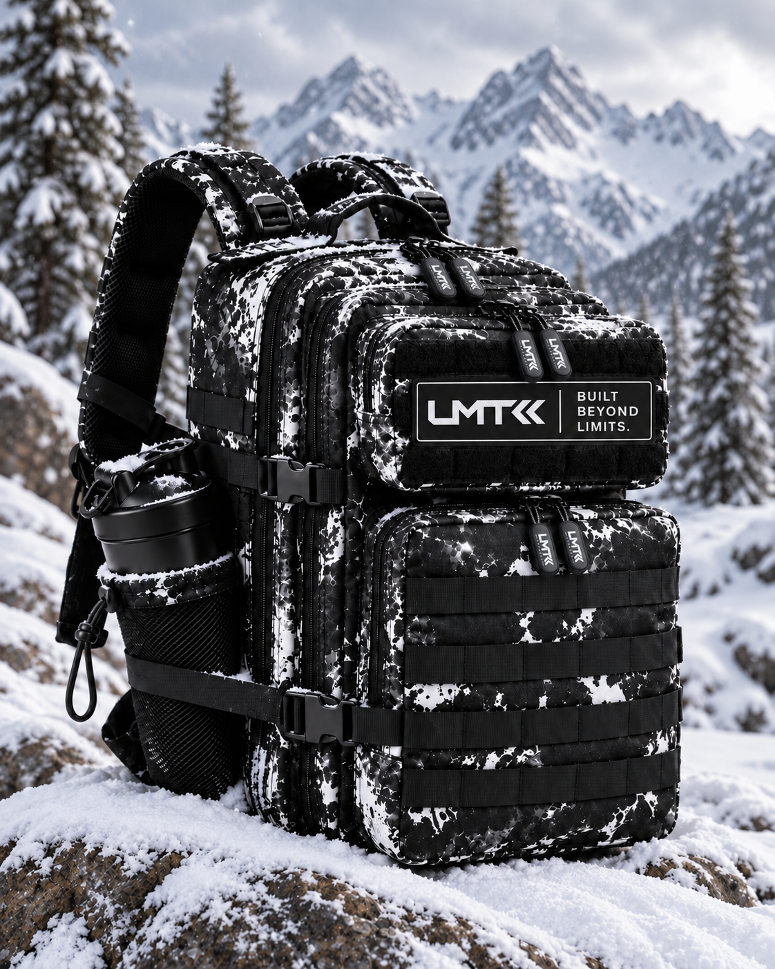 LMT 25L black and white tie-dye tactical backpack detail