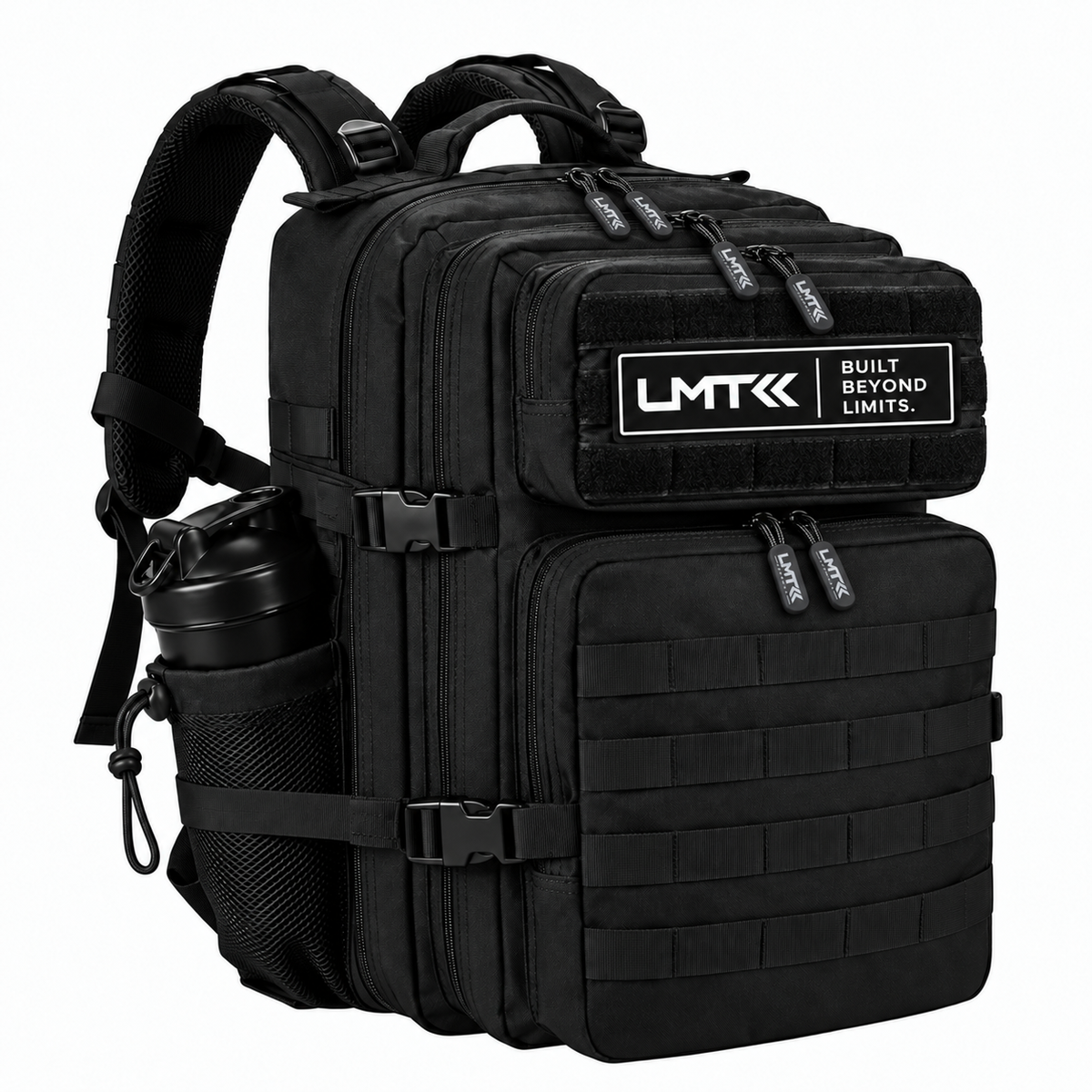 LMT Built Beyond Limits black 45L tactical backpack with shaker bottle holder
