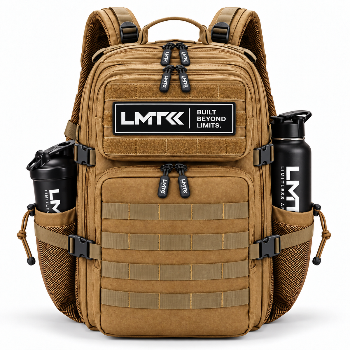 45L BACKPACK - TAN front view with LMT shaker and drink bottle