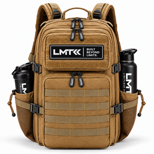 45L BACKPACK - TAN front view with LMT shaker and drink bottle