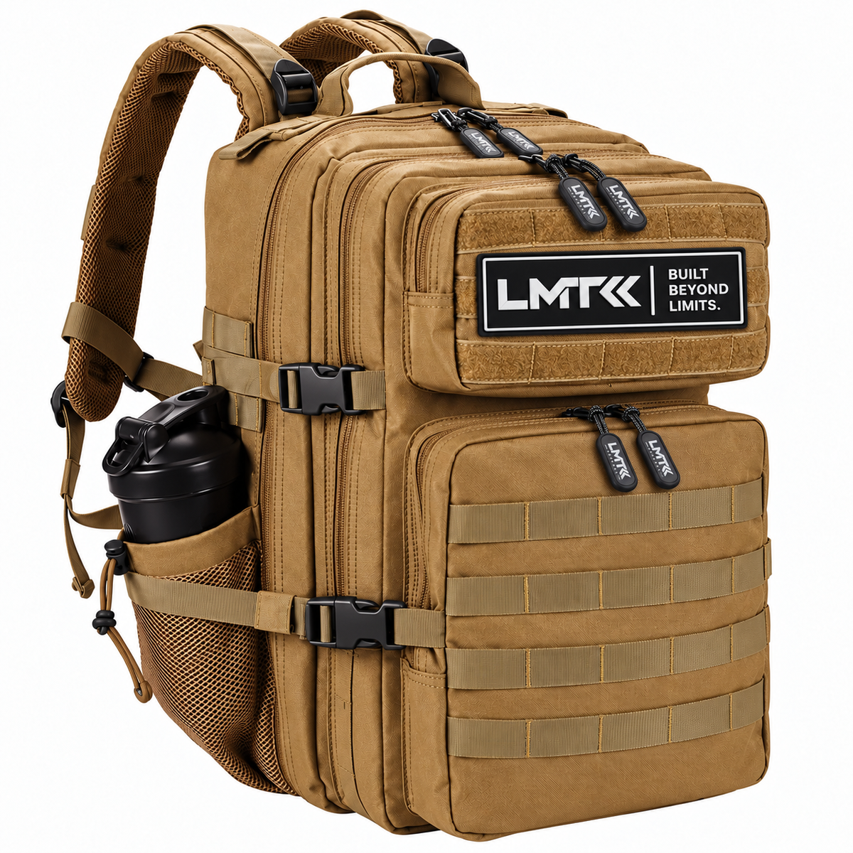 LMT Built Beyond Limits black and white camo tactical backpack with shaker bottle holder