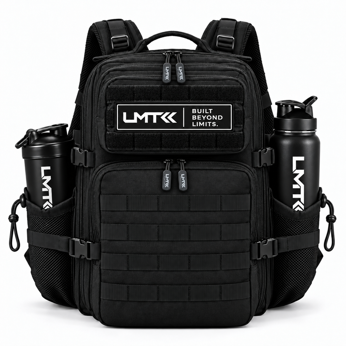 45L BACKPACK - BLACK front view with LMT shaker and drink bottle