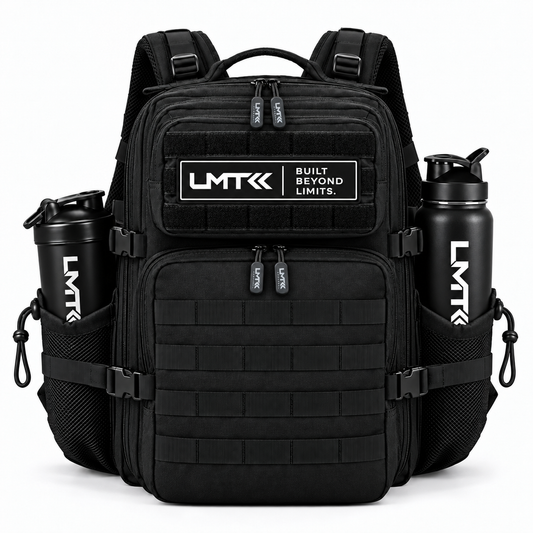 45L BACKPACK - BLACK front view with LMT shaker and drink bottle
