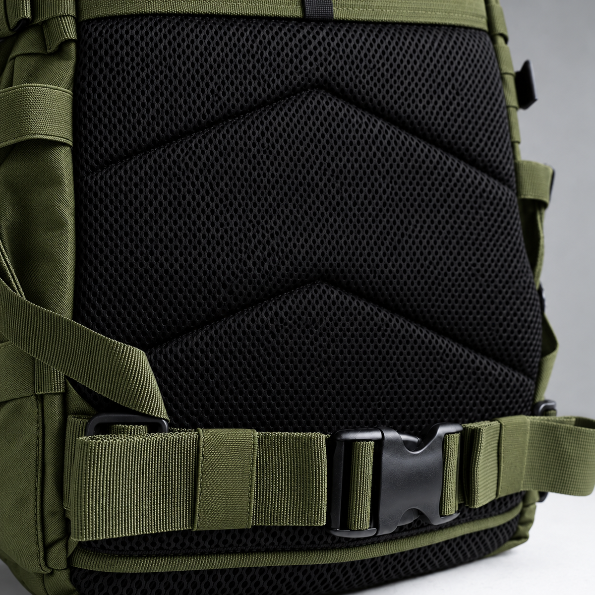 army green backpack – waist strap and black back padding
