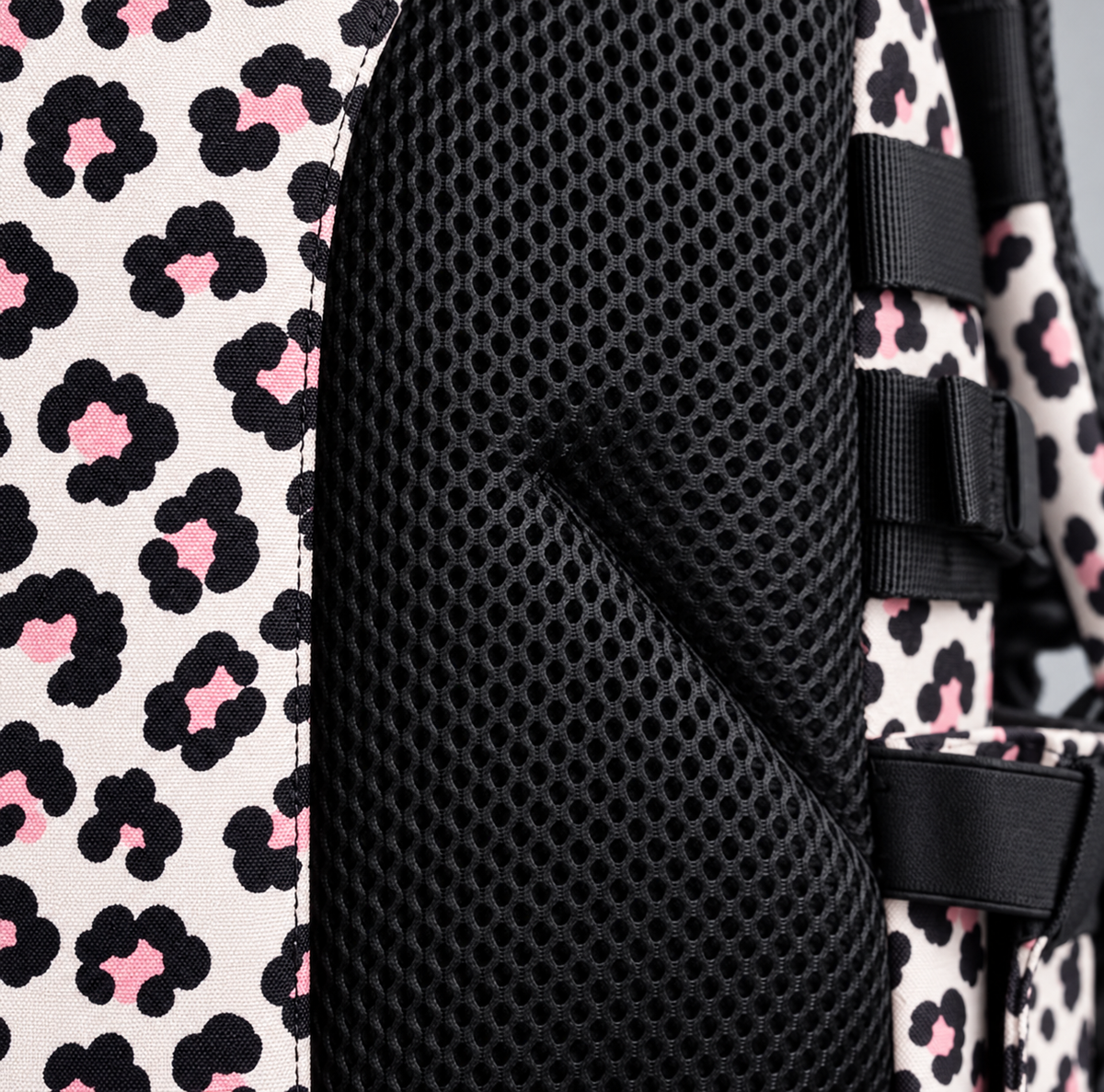 leopard backpack – black breathable mesh detail