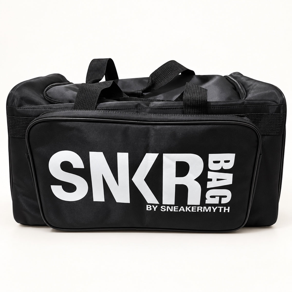 Front view of black 32L Sneaker Myth duffel bag